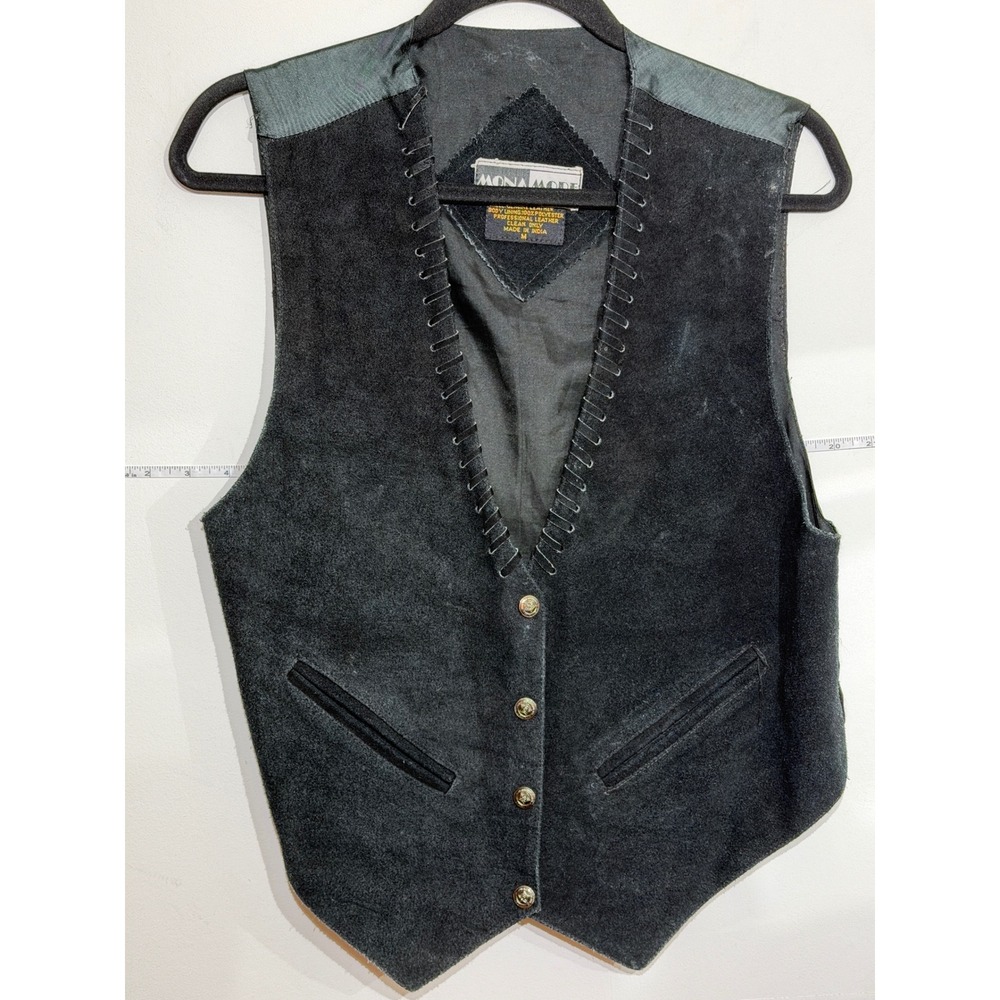 Vintage 90s Mona Mode Black Suede Leather Vest Western Whipstitch Star Button M